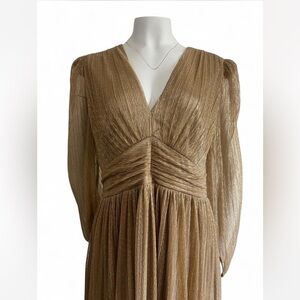 Alex Marie Bella Crinkle Metallic V-Neck Blouson Long Sleeve A-Line Gown